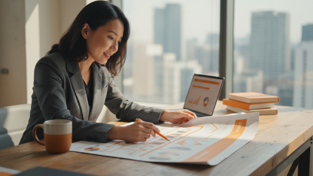 Imprenditore PMI che analizza una roadmap di consulenza marketing strategico su scrivania con dati e grafici.